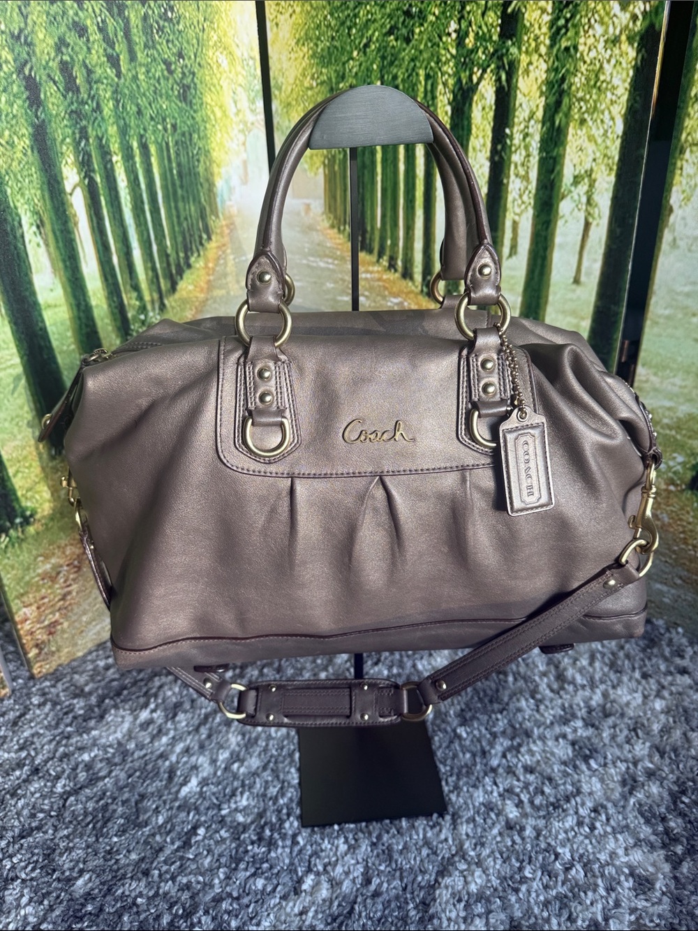 Coach Ashley Metallic Mushroom Taupe Leather Satchel Crossbody Bag F15447